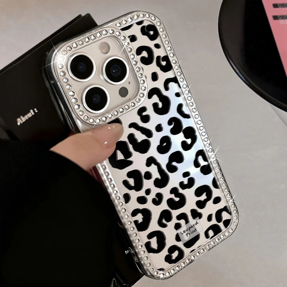 Leopard Diamond Phone Case For iPhone 17 Pro Max 11 13 16 15 14 12 Air 17promax Transparent Shockproof Cover Funda With Lanyard