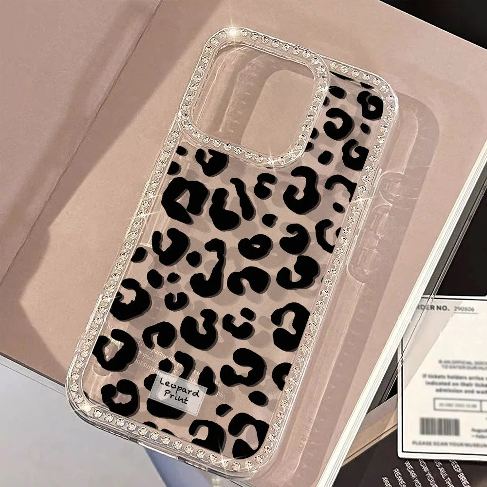 Leopard Diamond Phone Case For iPhone 17 Pro Max 11 13 16 15 14 12 Air 17promax Transparent Shockproof Cover Funda With Lanyard