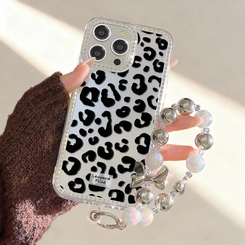 Leopard Diamond Phone Case For iPhone 17 Pro Max 11 13 16 15 14 12 Air 17promax Transparent Shockproof Cover Funda With Lanyard
