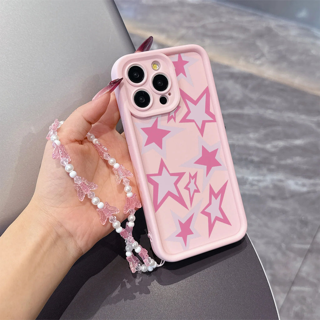 Sweet Star Pattern Phone Case For iPhone 13 17 16 15 14 12 11 Pro Max For iPhone 14 15 16 8 7 Plus XS XR X Lanyard TPU Fundas