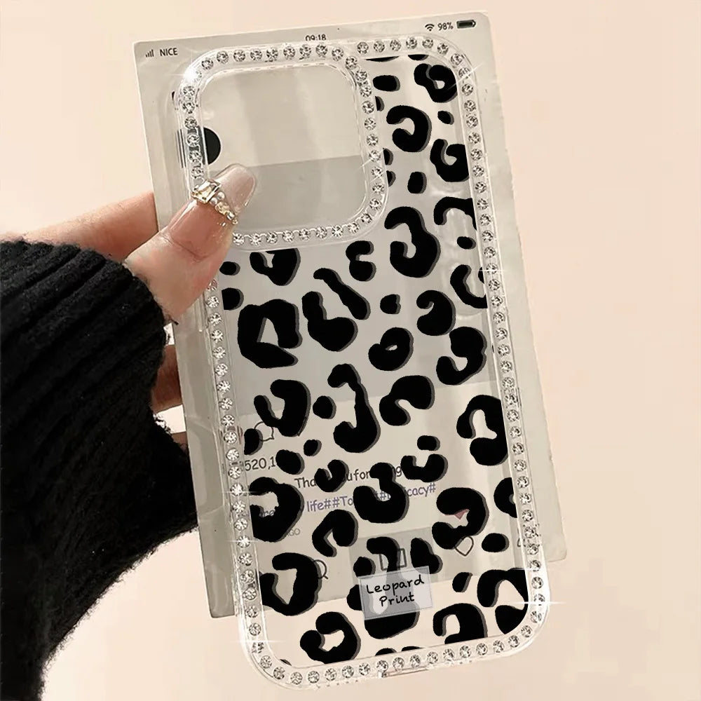 Leopard Diamond Phone Case For iPhone 17 Pro Max 11 13 16 15 14 12 Air 17promax Transparent Shockproof Cover Funda With Lanyard