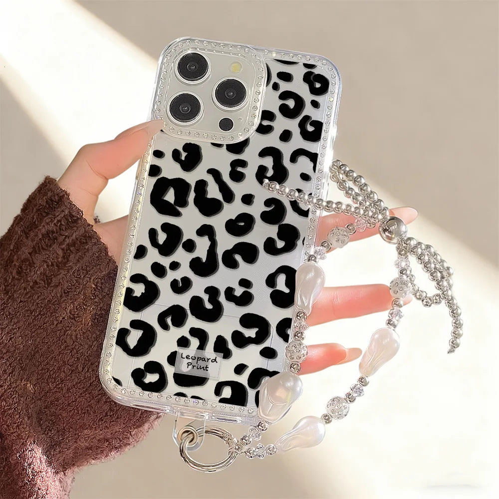 Leopard Diamond Phone Case For iPhone 17 Pro Max 11 13 16 15 14 12 Air 17promax Transparent Shockproof Cover Funda With Lanyard