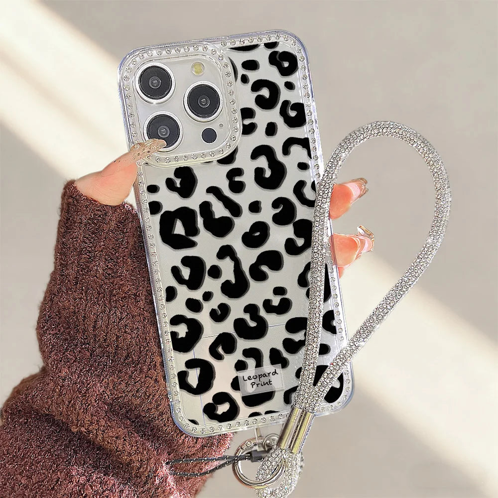 Leopard Diamond Phone Case For iPhone 17 Pro Max 11 13 16 15 14 12 Air 17promax Transparent Shockproof Cover Funda With Lanyard
