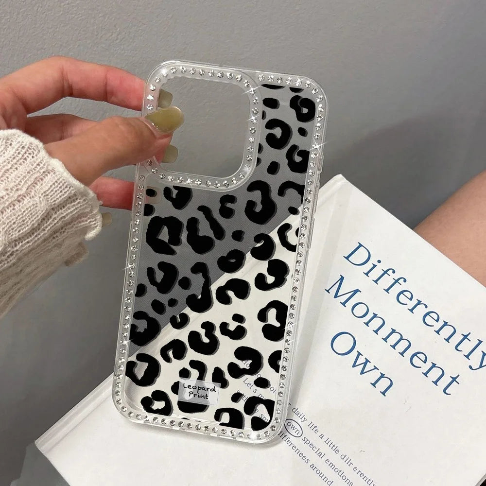 Leopard Diamond Phone Case For iPhone 17 Pro Max 11 13 16 15 14 12 Air 17promax Transparent Shockproof Cover Funda With Lanyard