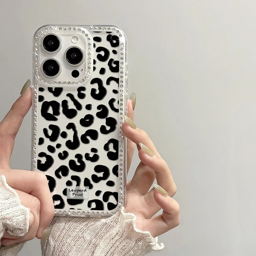 Leopard Diamond Phone Case For iPhone 17 Pro Max 11 13 16 15 14 12 Air 17promax Transparent Shockproof Cover Funda With Lanyard